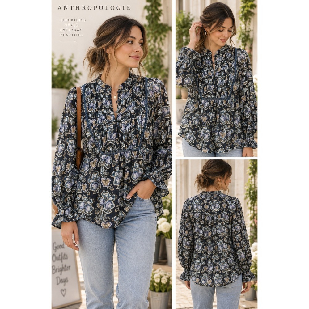 Anthropologie Womens XS Floral Pintuck Peasant Blouse Long Sleeve Boho Ruffle